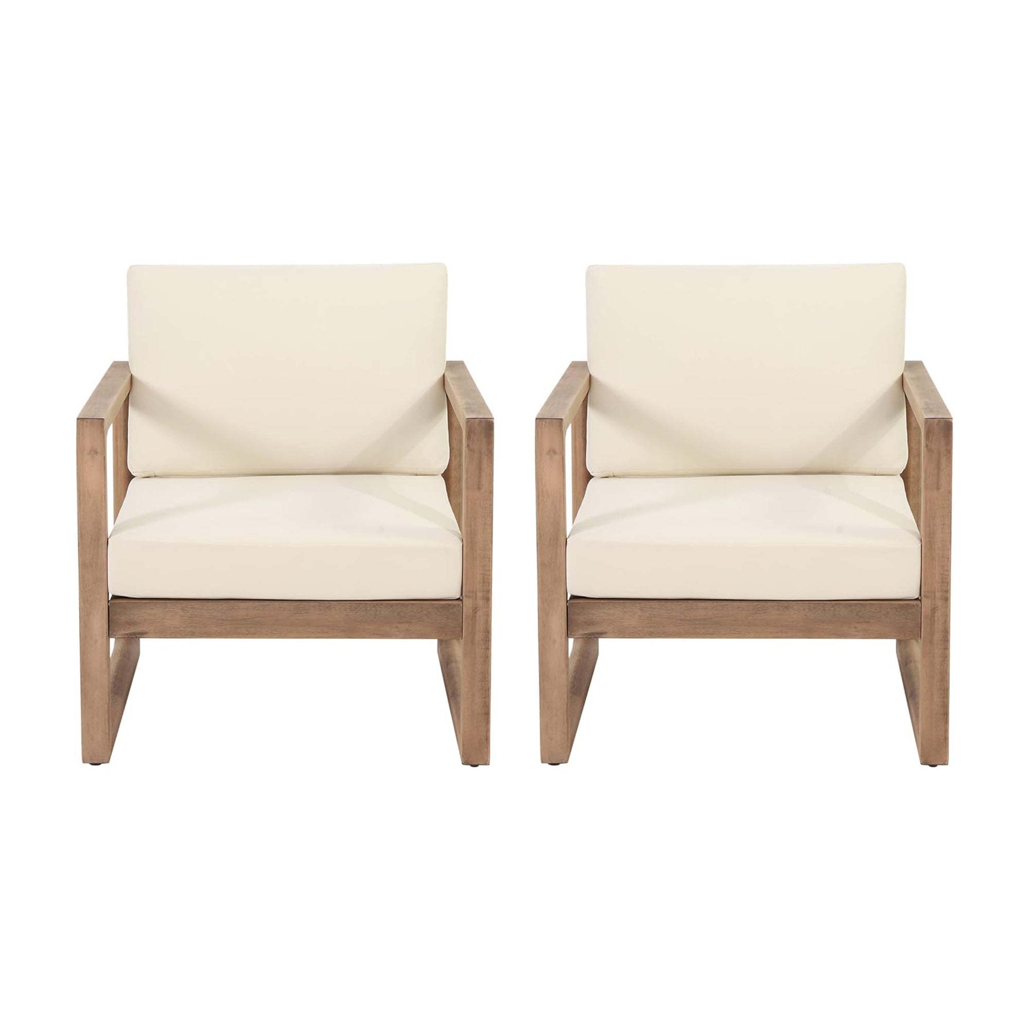 Set of 2 Outdoor Acacia Wood Patio Club Chairs with Beige Cushions