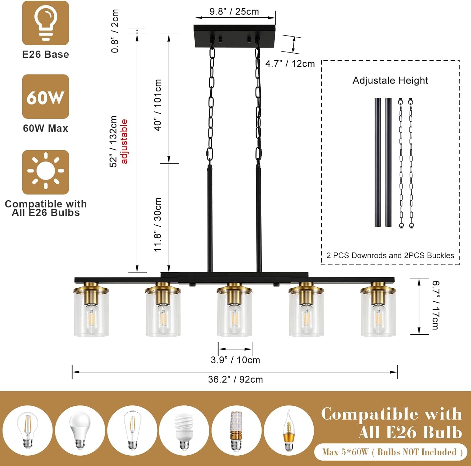 Thirty Six Inch Five Light Kitchen Island Chandelier Glass Shade-1