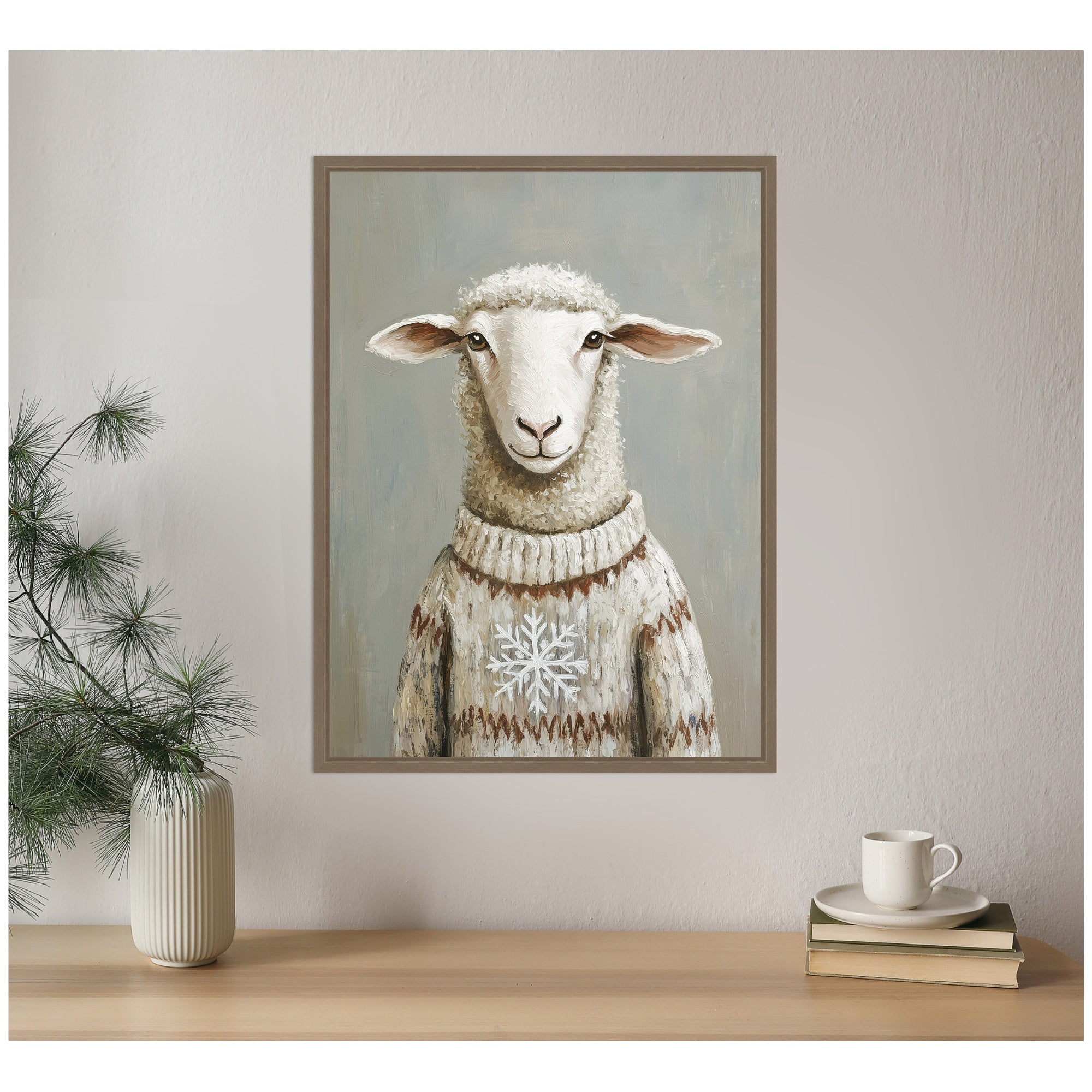 Sylvie Framed Canvas Sheep in Winter Snowflake Sweater by The Creative Bunch Studio