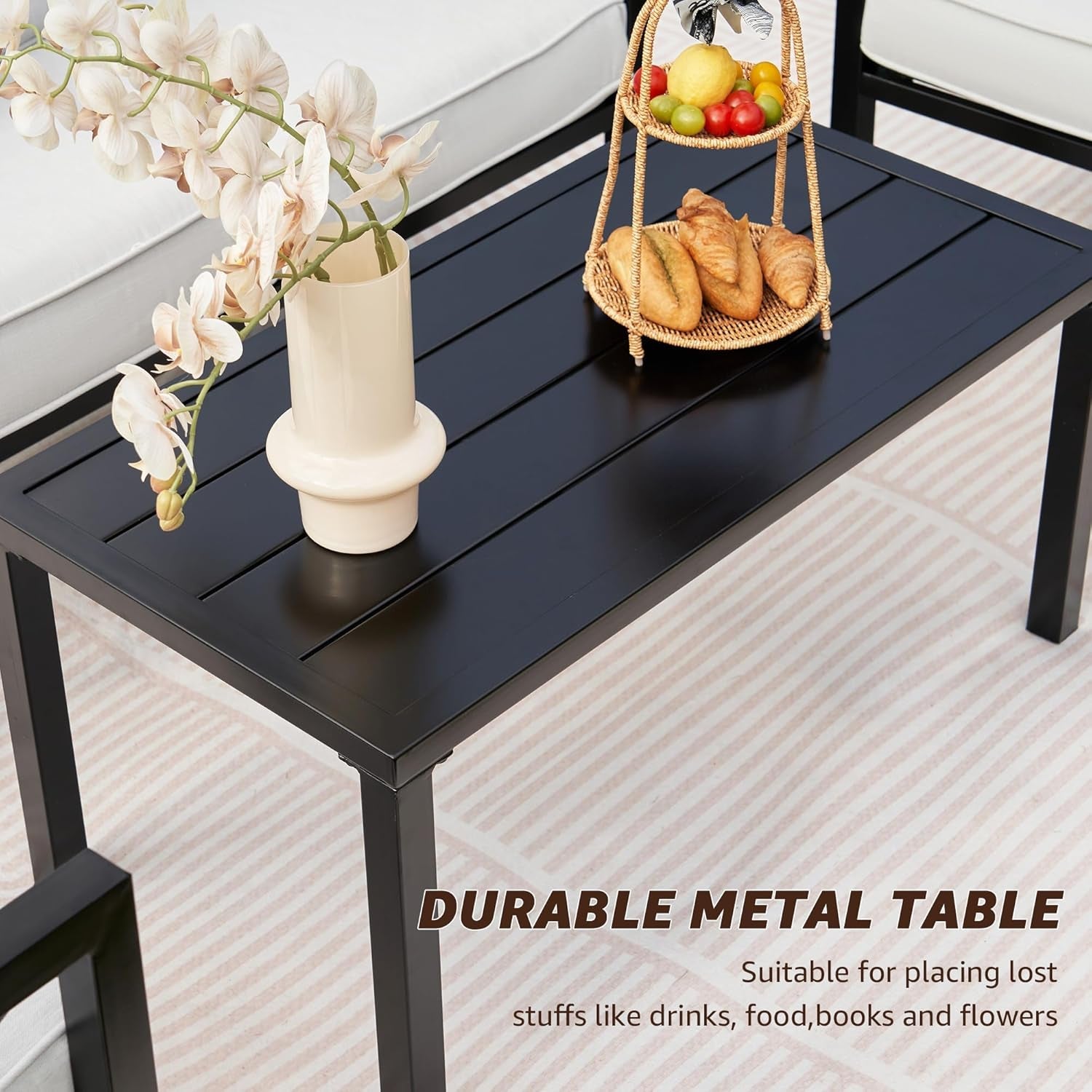 4 Piece Outdoor Metal Patio Set With 5.5 Inch Cushions And Coffee Table