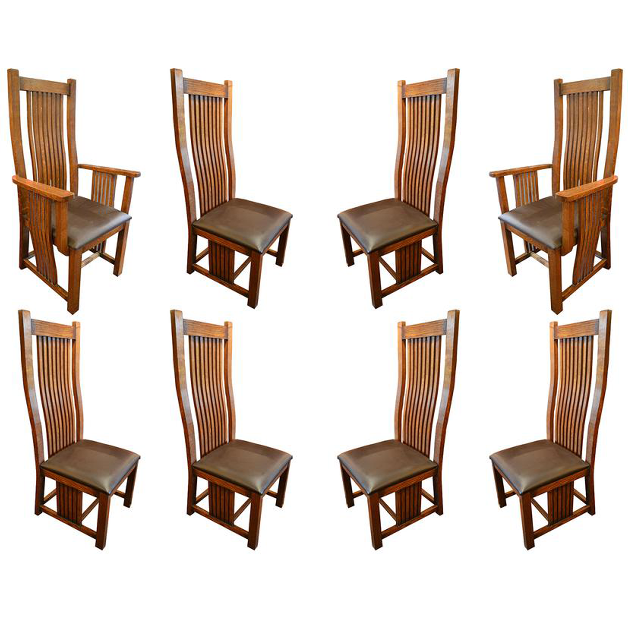 Set of 8 - Mission / Arts and Crafts Oak Curved High Back Dining Chairs