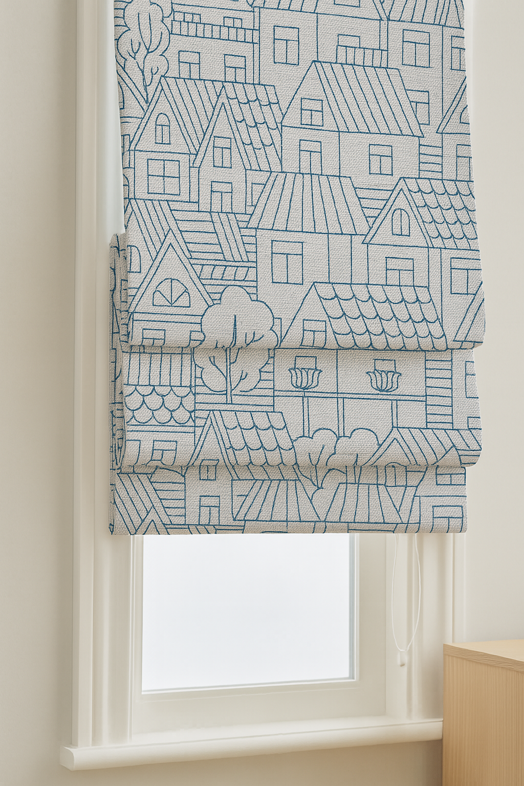 Custom Pure Linen Roman Blinds for Kids’ Rooms & Nurseries – Village-Sketch Embroidery in 4 Colorways – Made-to-Measure UK | Blackout or Light-Filtering-0