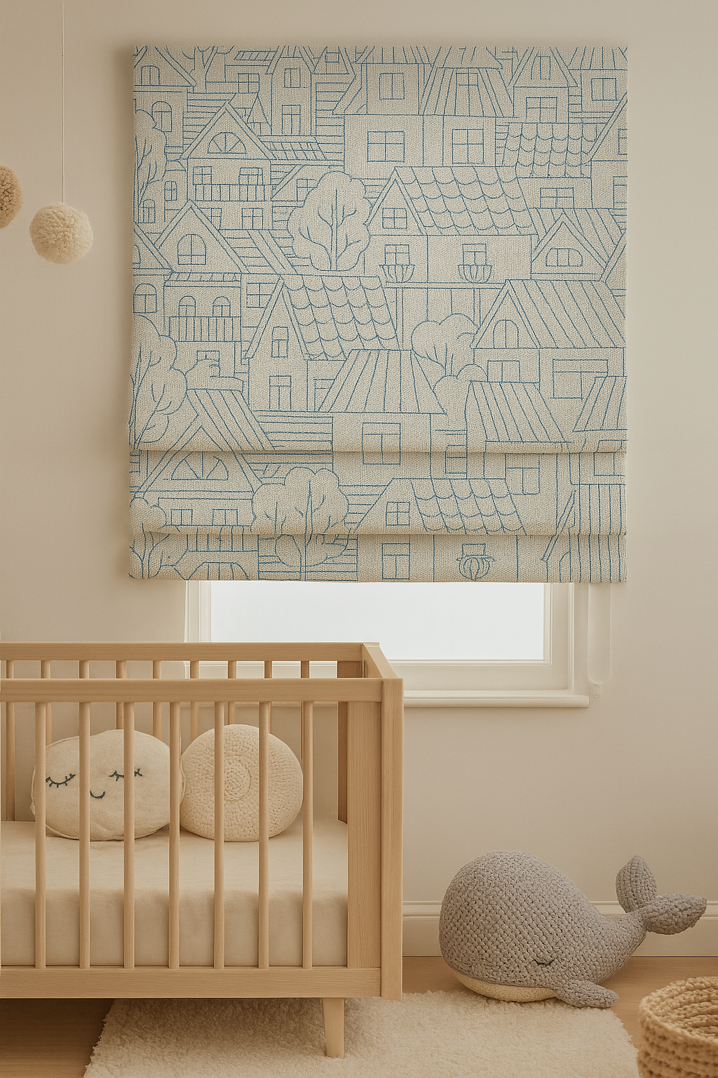 Custom Pure Linen Roman Blinds for Kids’ Rooms & Nurseries – Village-Sketch Embroidery in 4 Colorways – Made-to-Measure UK | Blackout or Light-Filtering-2