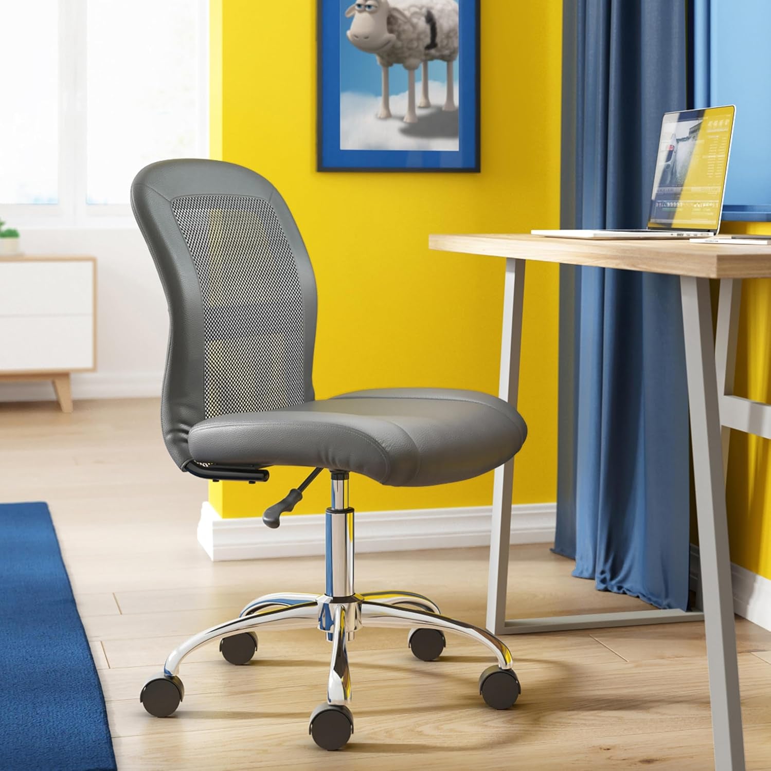 Gray Armless Desk Chair With Wheels And Breathable Mesh