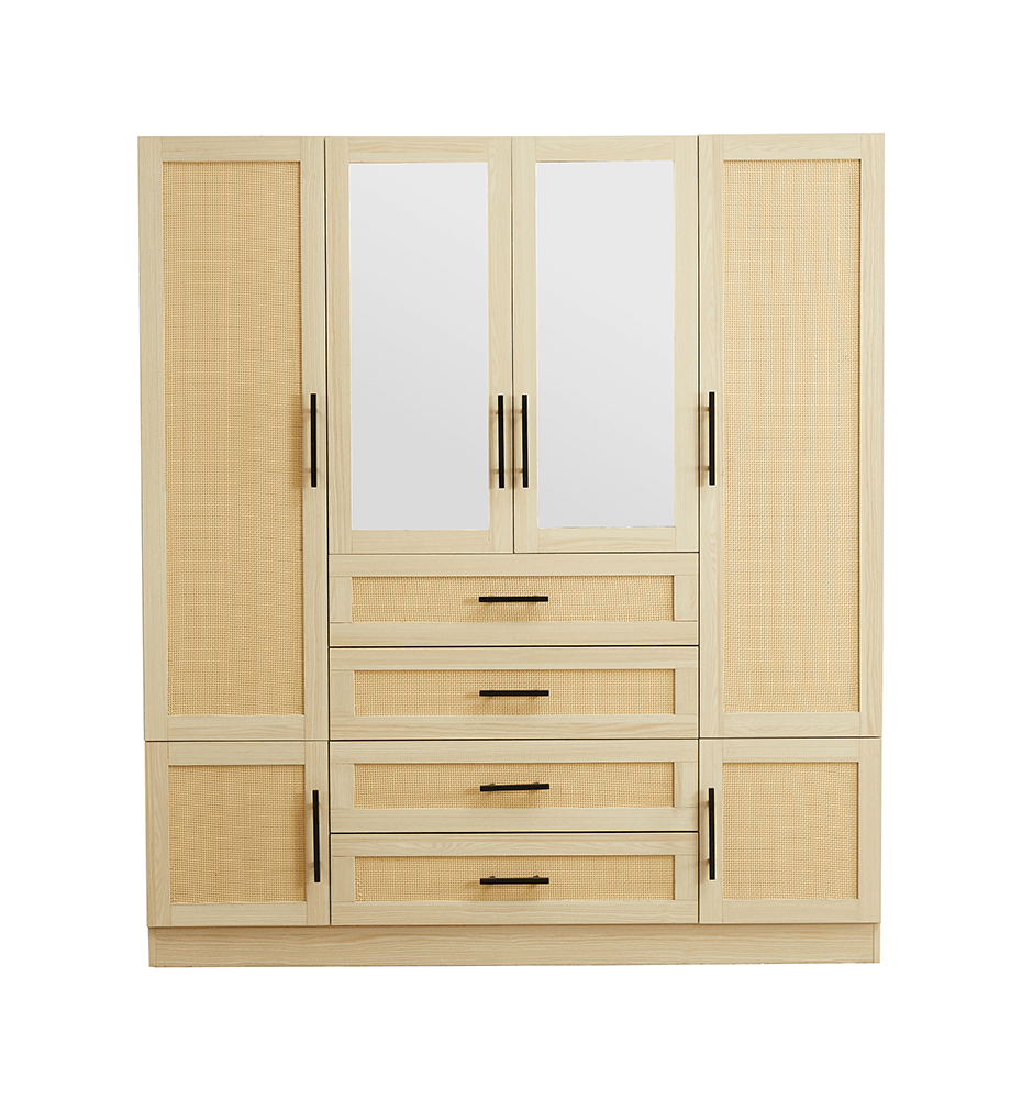 Natural Rattan Armoire Wardrobe – Wood 4-Door, 4-Drawer Closet with Mirrors, Hanging Rod & Shelves - PRHOMZ