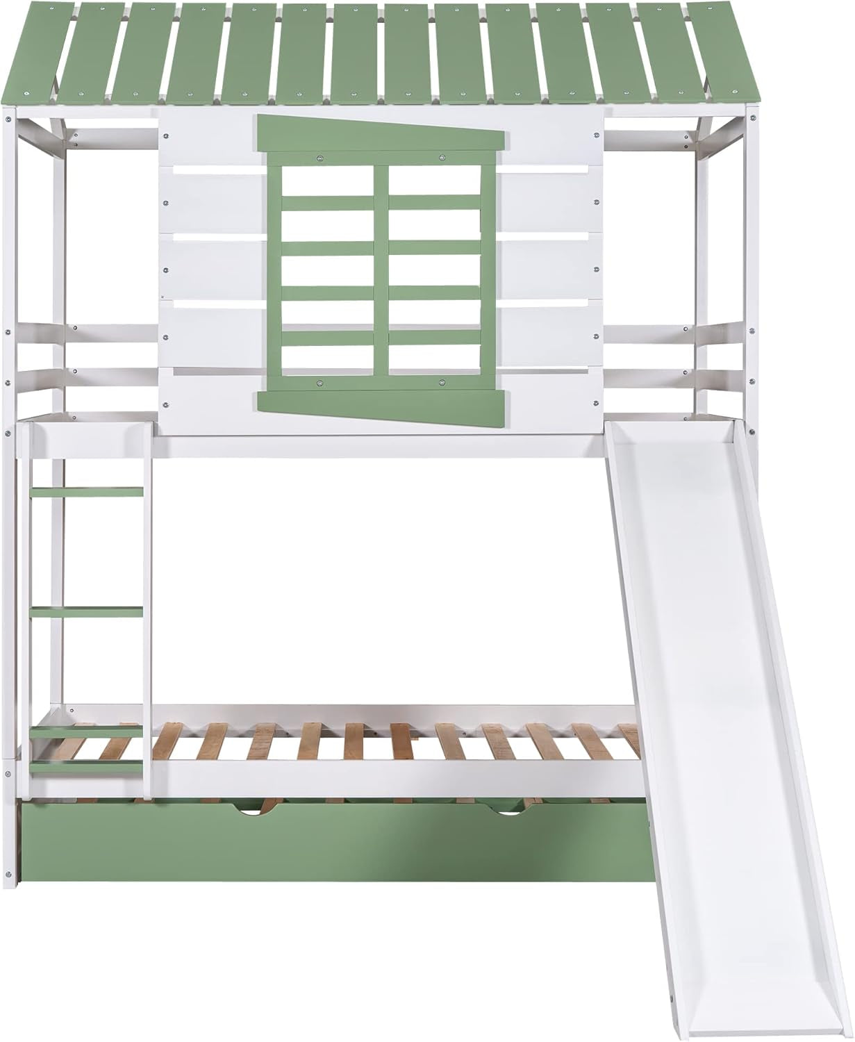Bunk Bed Twin Over Twin With Slide And Trundle White Green
