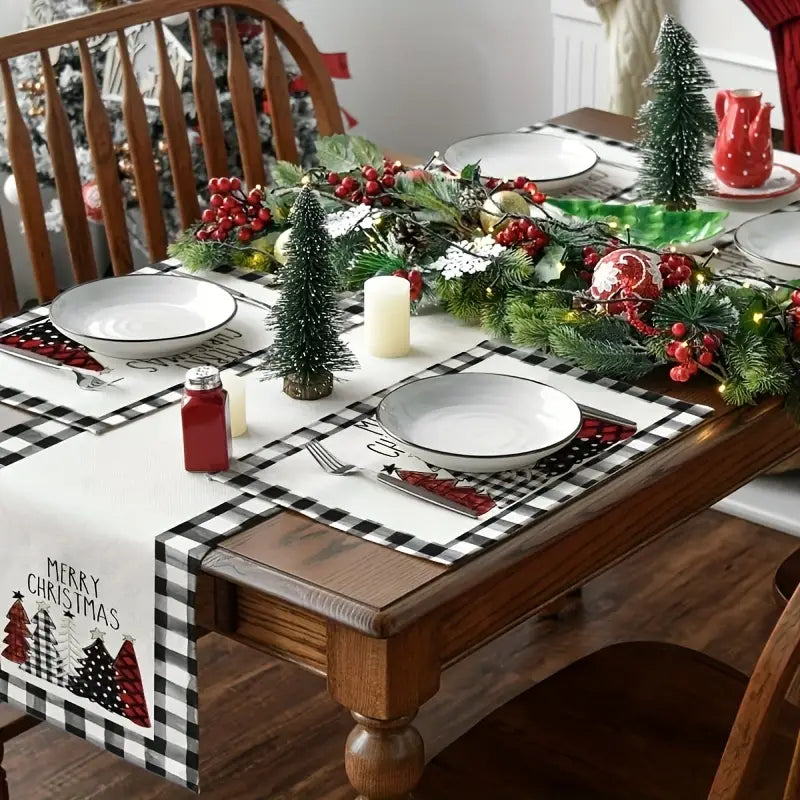 Set of 4 Buffalo Plaid Christmas Trees Placemats - Festive Winter Table Mats-1
