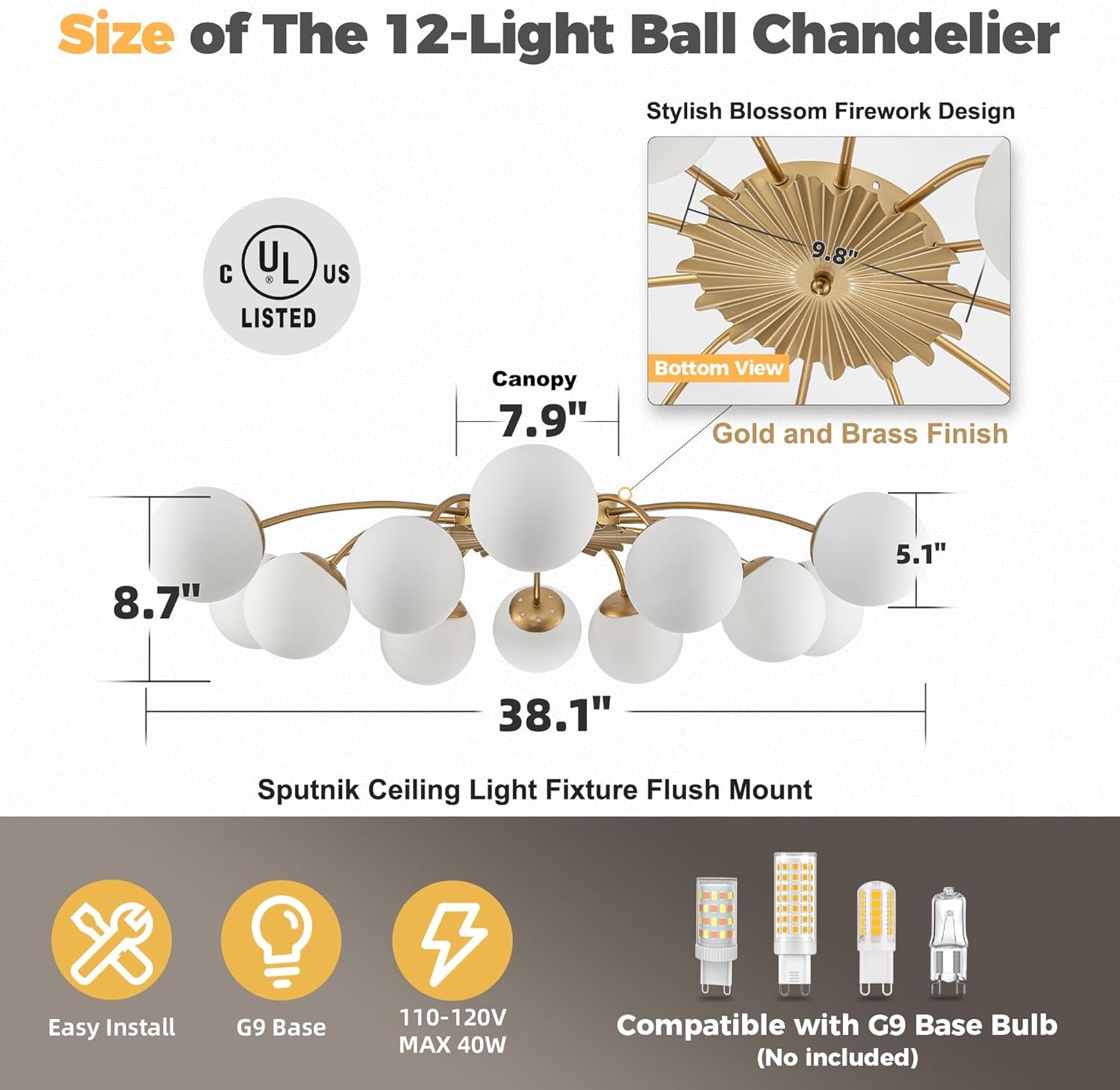 38 Inch Gold Sputnik Chandelier Opal Glass Design Ultra-1