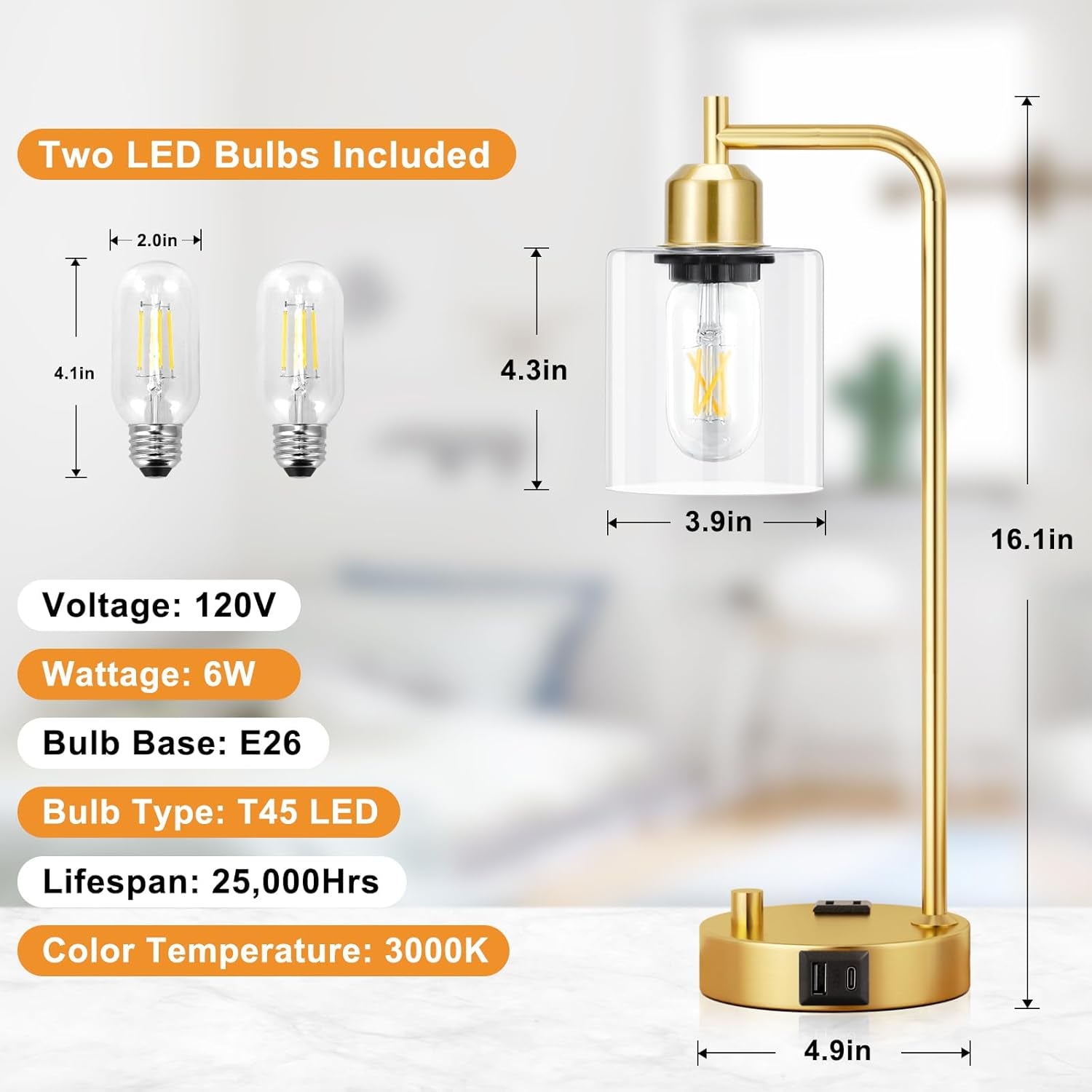 Industrial Dimmable Table Lamps Gold Finish With USB Ports