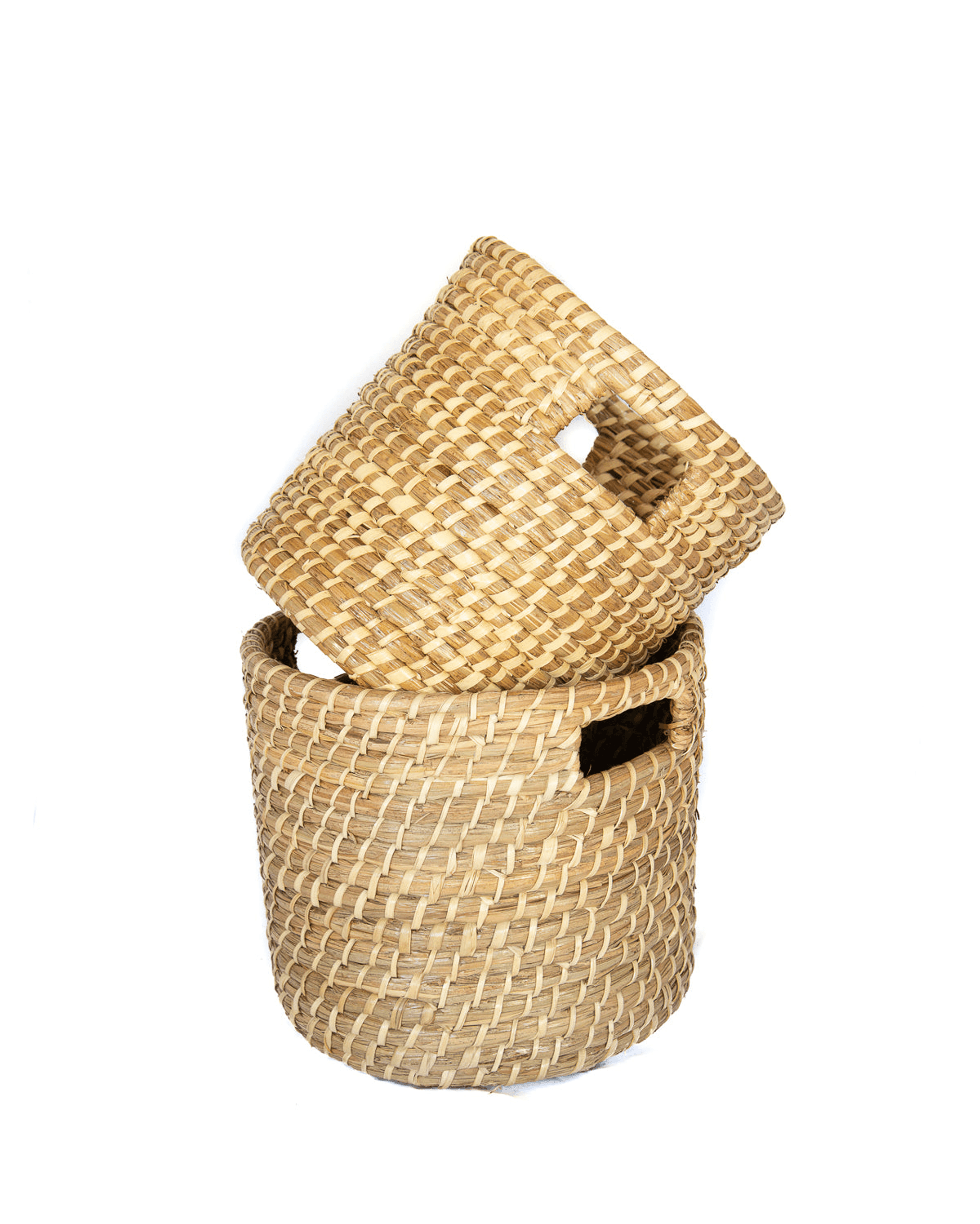 Rustic Tall Woven Baskets With Handles - Set Of Two - PRHOMZ