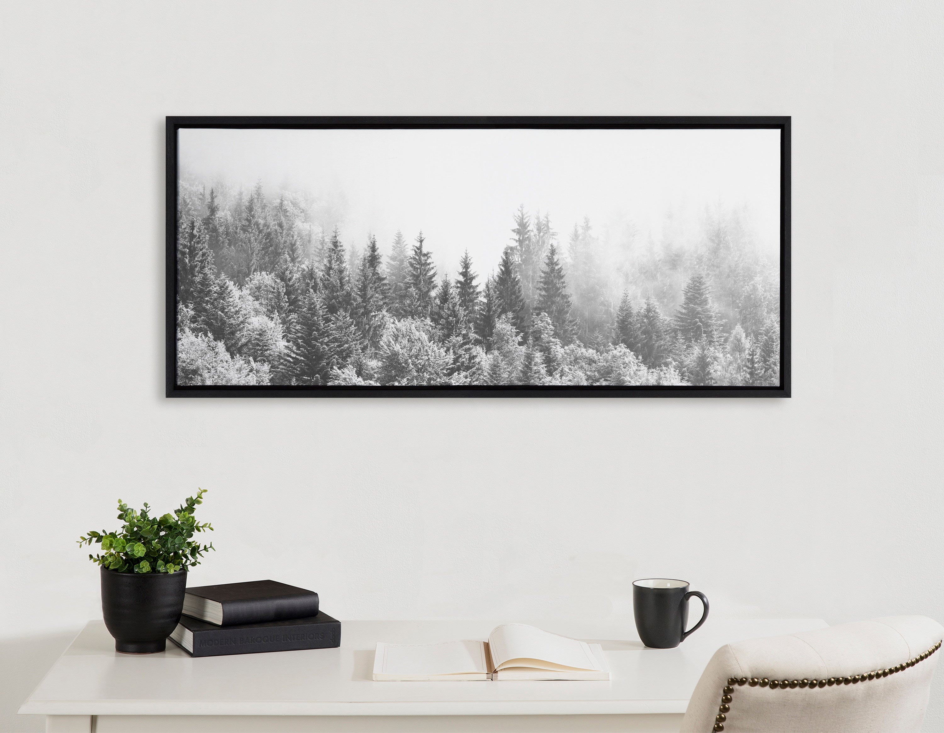 Sylvie Forest On A Foggy Day BW Framed Canvas by The Creative Bunch Studio