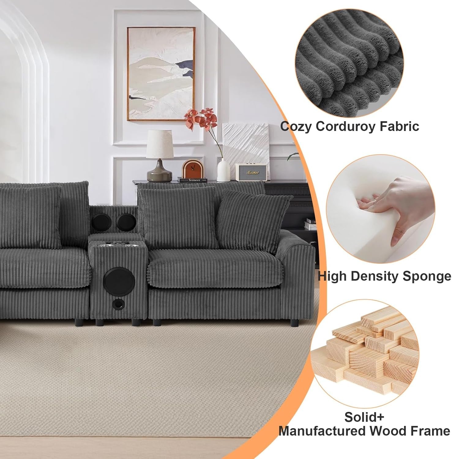 114 Inch Corduroy Sectional Couch With Bluetooth Speakers