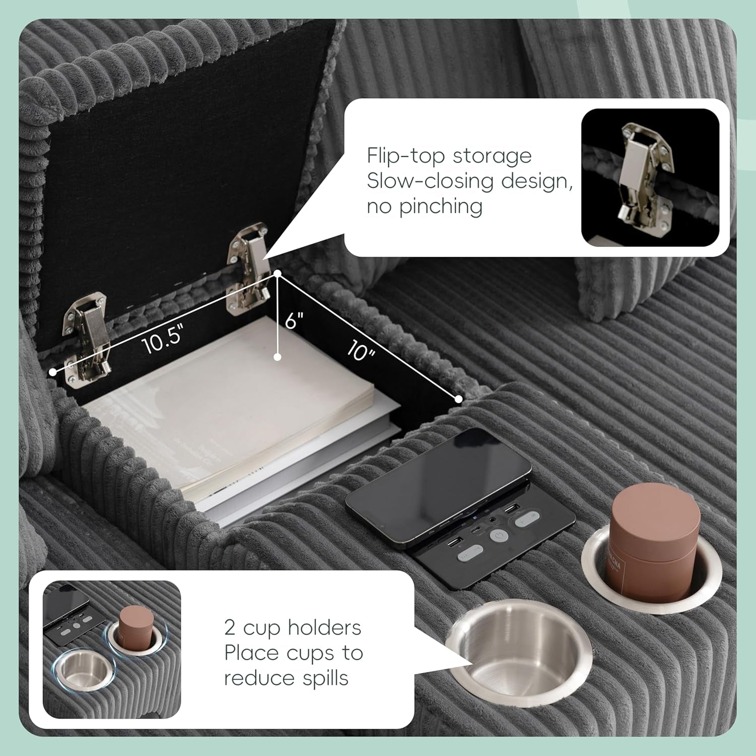 114 Inch Corduroy Sectional Couch With Bluetooth Speakers