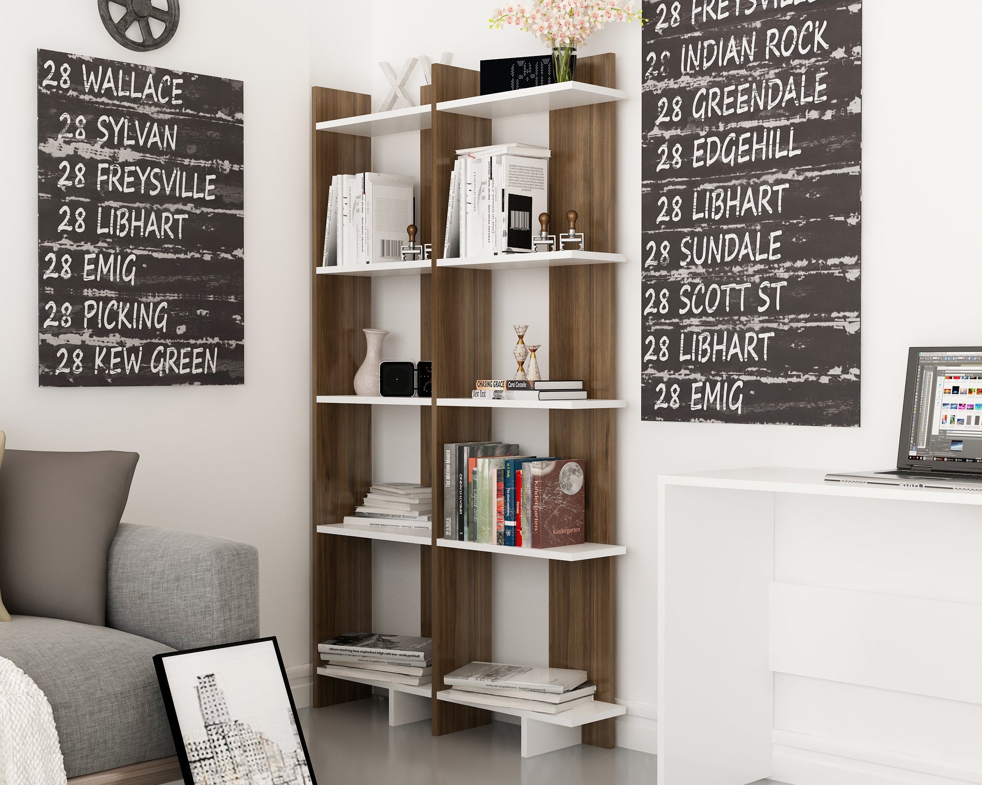 Alice 67” Corner Bookcase – 5-Tier Narrow L-Shaped Wall-Mounted Corner Bookshelf