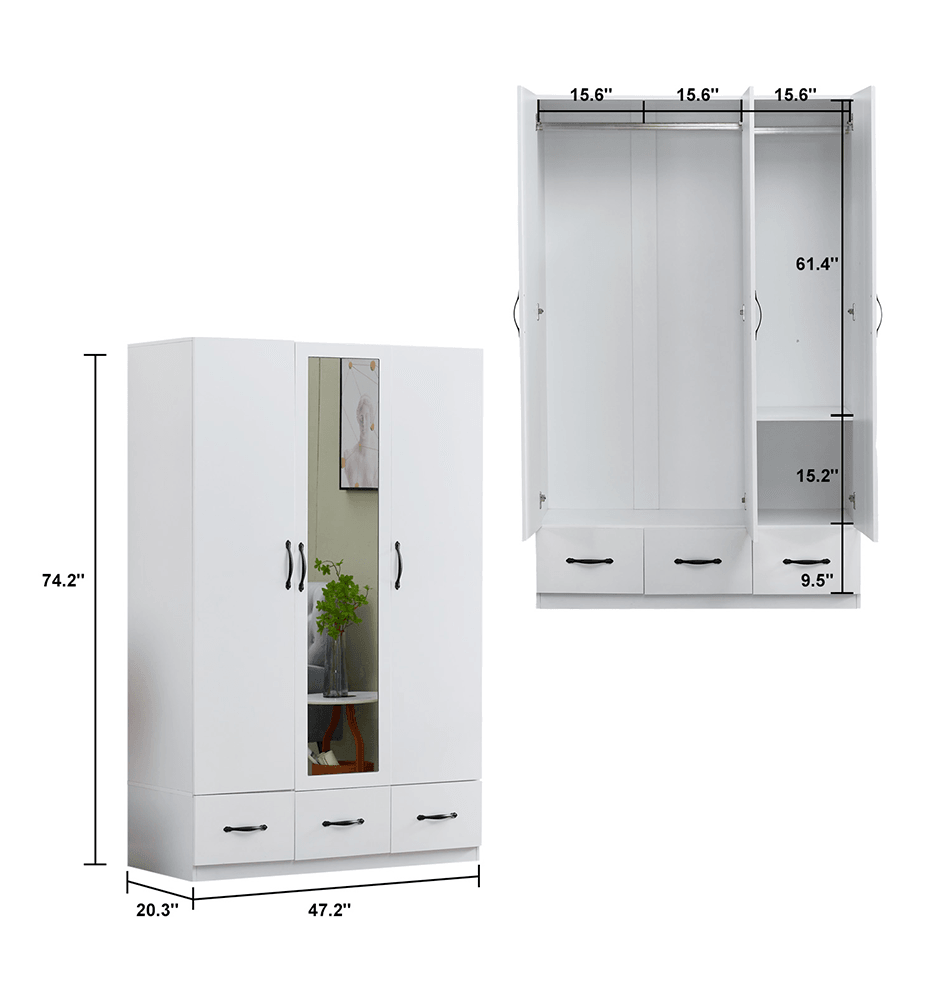 74.2” Tall Mirror Wardrobe Closet by LivelyLodge | 3-Door Freestanding White Wooden Armoire with Hanging Rod & Shelves for Bedroom & Bathroom Storage - PRHOMZ