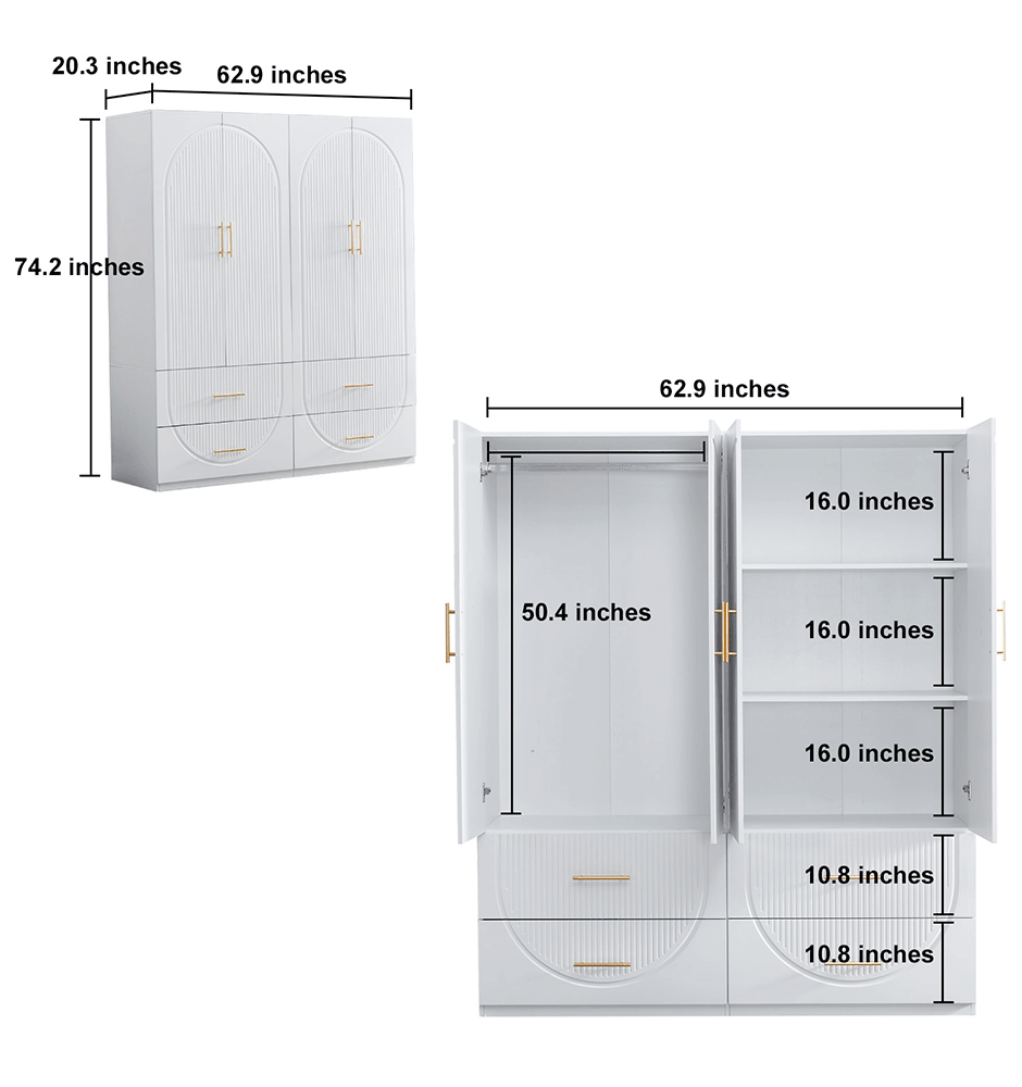 74.2'' H 4-Door White Wooden Armoire Wardrobe | Freestanding Storage Closet with Gold Handles, Hanging Rod, Shelves & Drawers - PRHOMZ