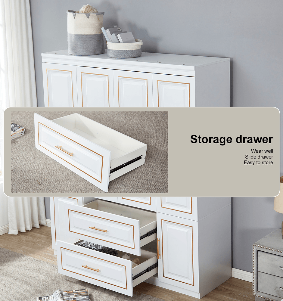74'' H 4-Door White Wooden Wardrobe Closet | Freestanding Bedroom Armoire with 2 Drawers, Hanging Rod & Storage Shelves - PRHOMZ