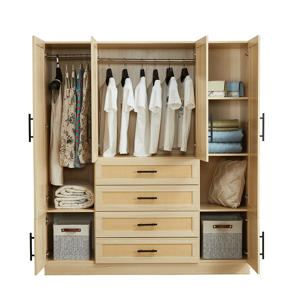 Natural Rattan Armoire Wardrobe – Wood 4-Door, 4-Drawer Closet with Mirrors, Hanging Rod & Shelves - PRHOMZ