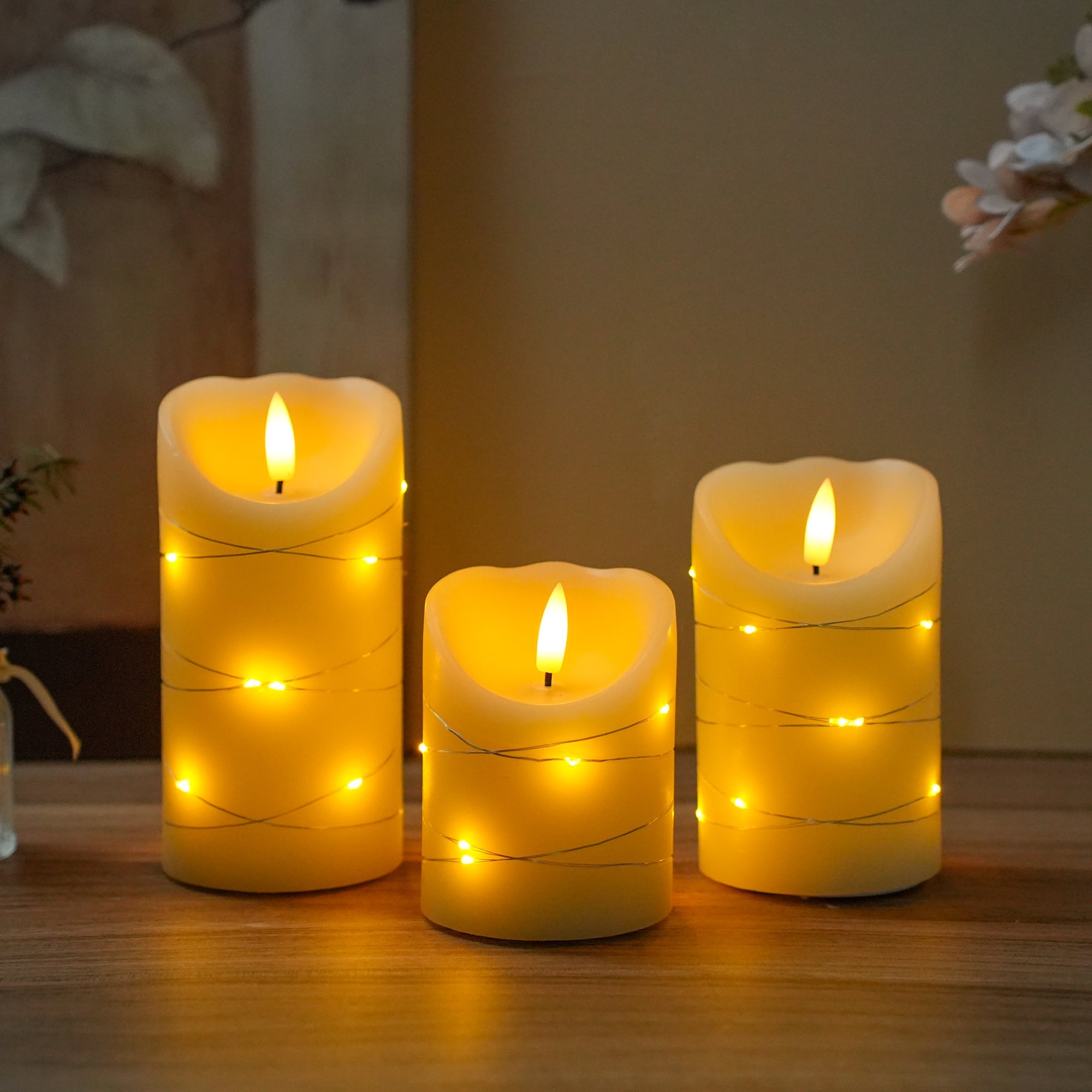 JHY DESIGN Flickering Flameless Candles Real Wax Electric with Embedded String Lights, Battery Operated Pillar LED Candles for Gift, Christmas & Home Decorations, with Remote & Timer, Set of 3(Ivory)-0