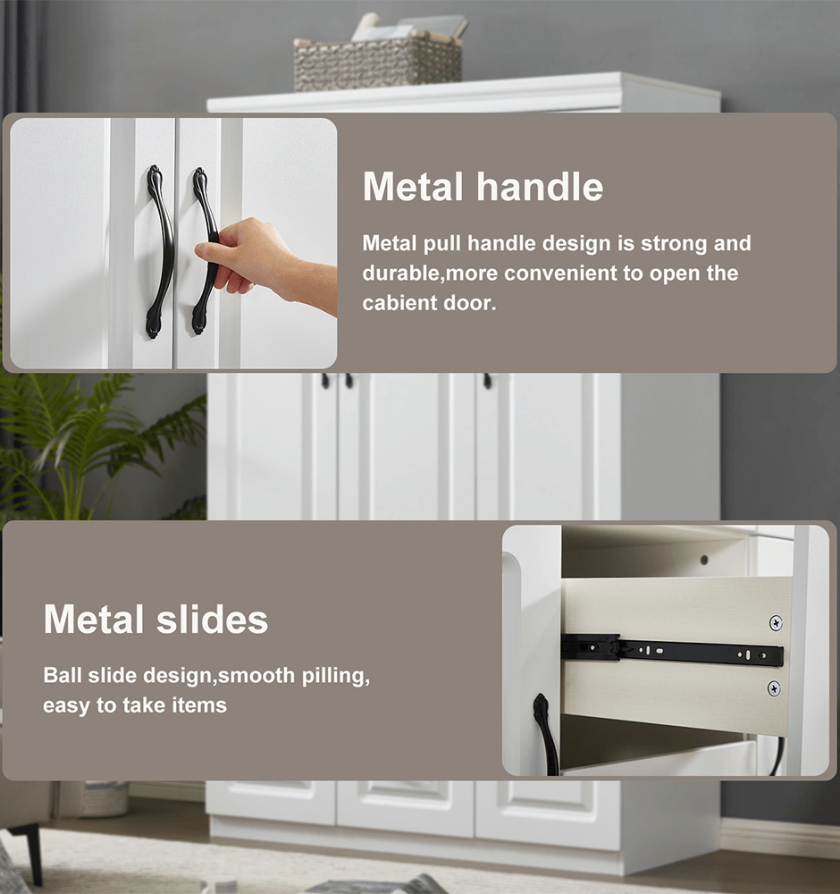 74'' White Armoire Wardrobe Closet with 3 Doors, Shelves, Hanging Rod & Drawers - Wood Storage Cabinet for Bedroom - PRHOMZ