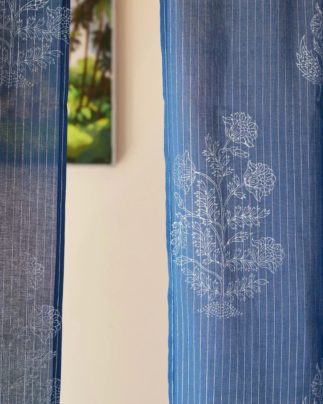 Indigo Hand Block Printed Linen Curtains | Floral & Stripe Design-2