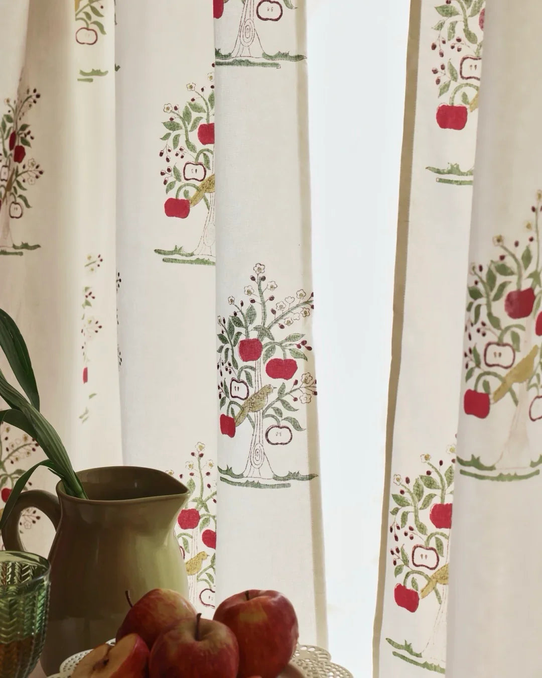 Cream & Red Hand Block Printed Linen Curtains | Apple Tree Design-1