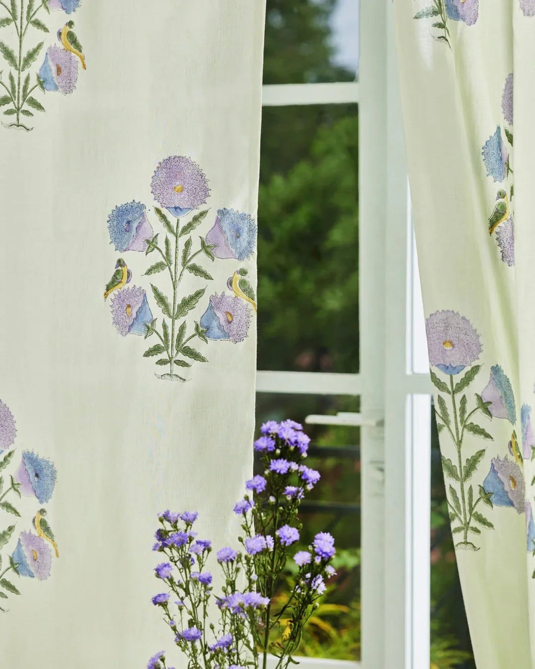 White & Purple Hand Block Printed Linen Curtains | Floral & Bird Design-1