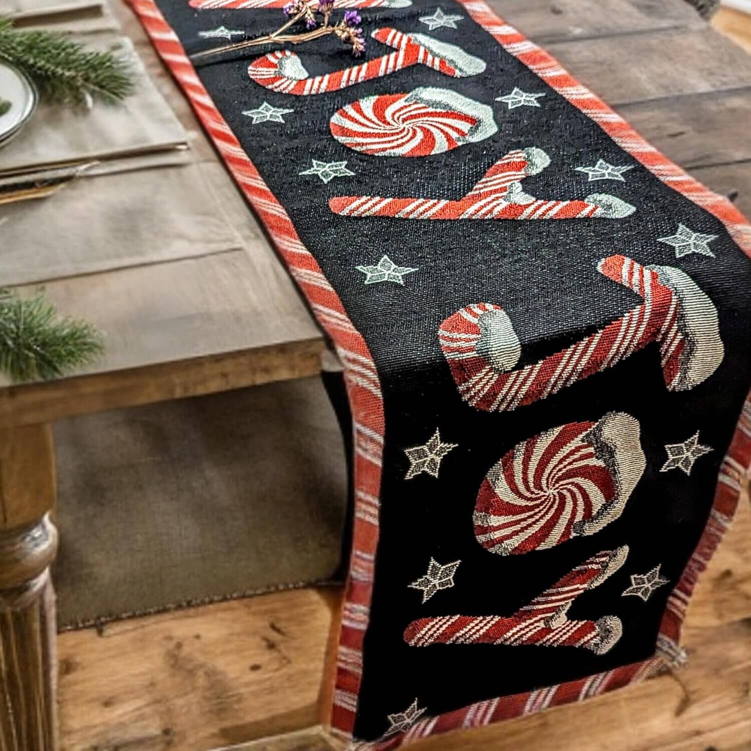 DaDa Bedding Peppermint Joy Red Black Holiday Tapestry Dining Table Runner (12904)