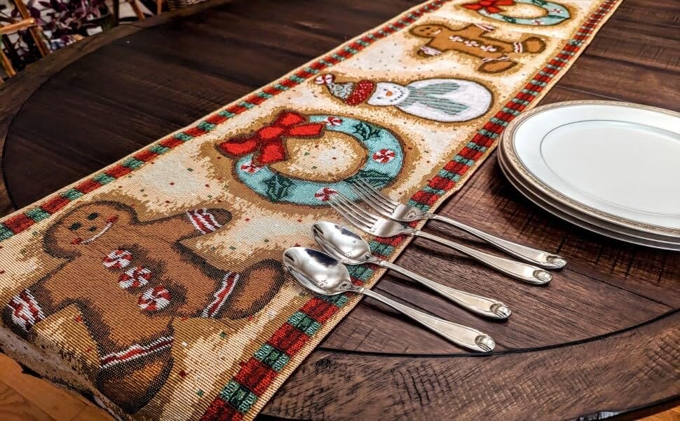 DaDa Bedding Gingerbread Snowman Holiday Woven Tapestry Dining Table Runner (12917)