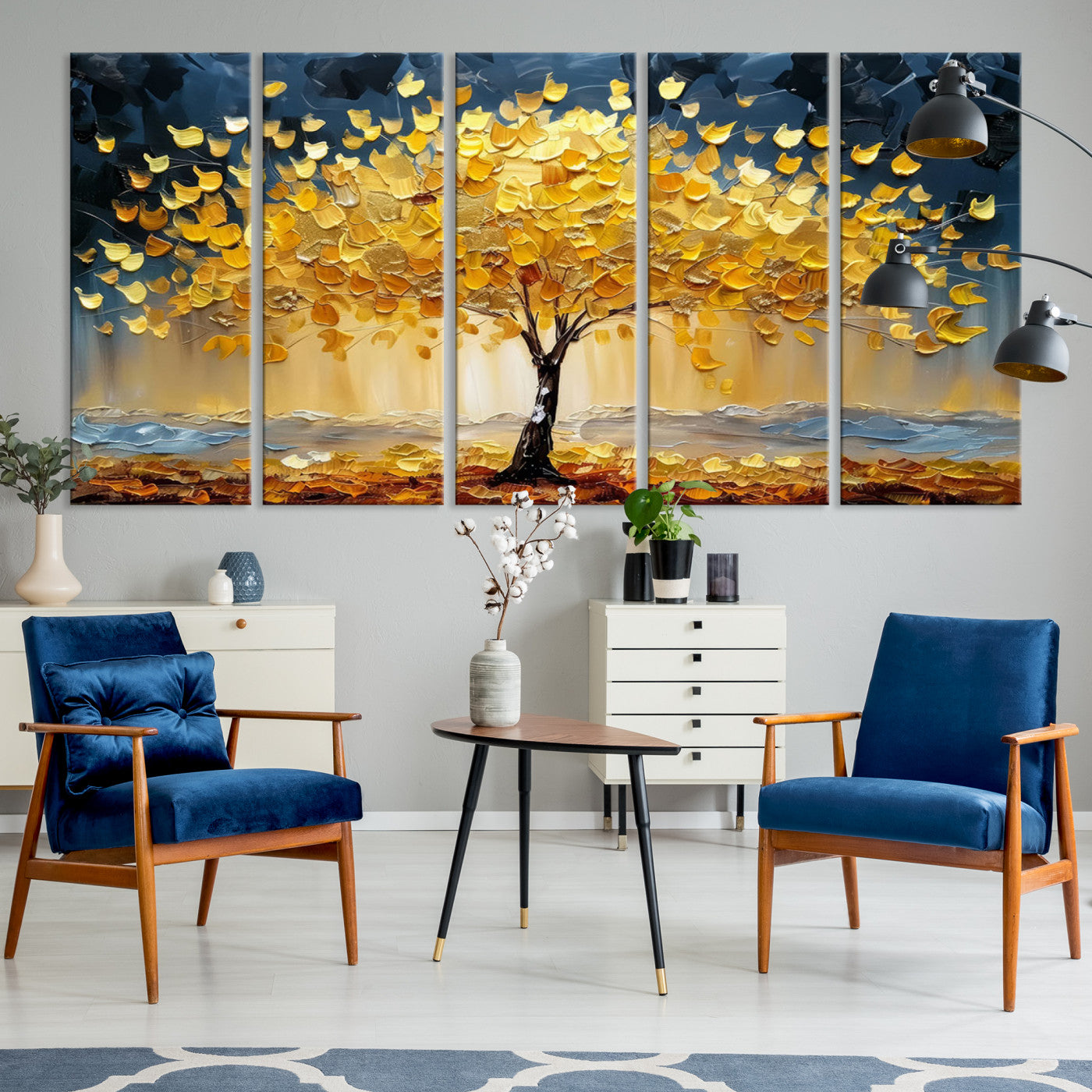 Golden Tree Wall Art – Framed Autumn Leaves Canvas Artwork,