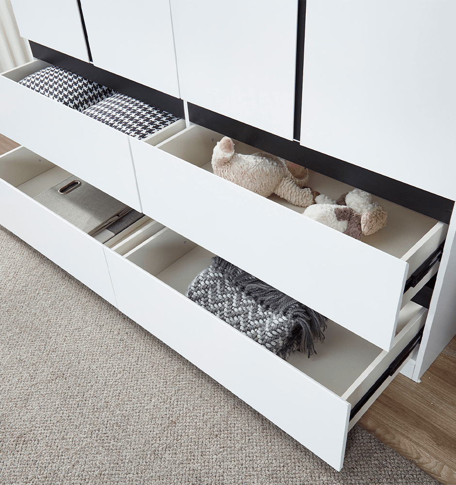 74.2" H White 4-Door Wardrobe Closet – Modern Wood Armoire with Black Accents & Hanging Rod - PRHOMZ