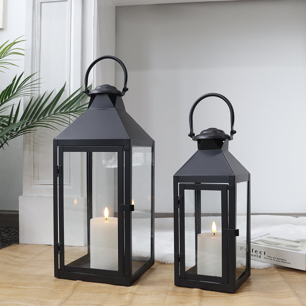 17.5"&13.5"High Set of 2 Metal Candle Lanterns(Black)-1
