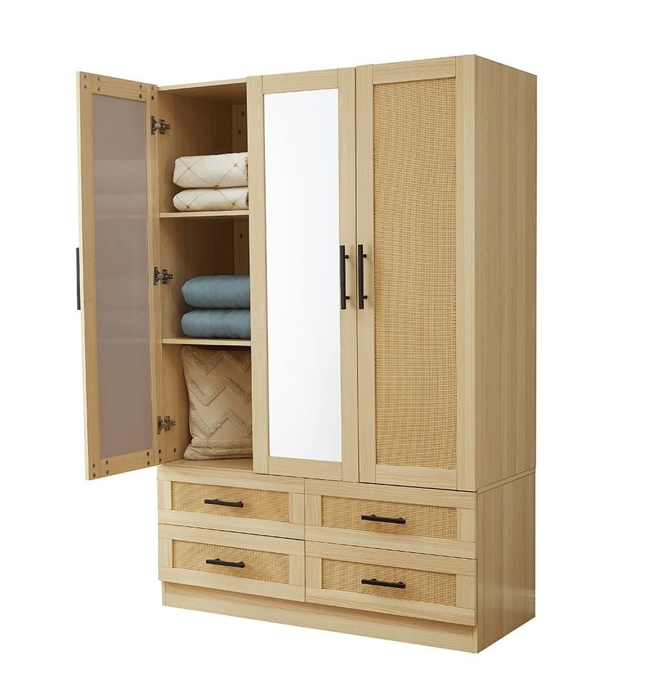 Natural Rattan Armoire Wardrobe – Wood 4-Door, 4-Drawer Closet with Mirrors, Hanging Rod & Shelves - PRHOMZ
