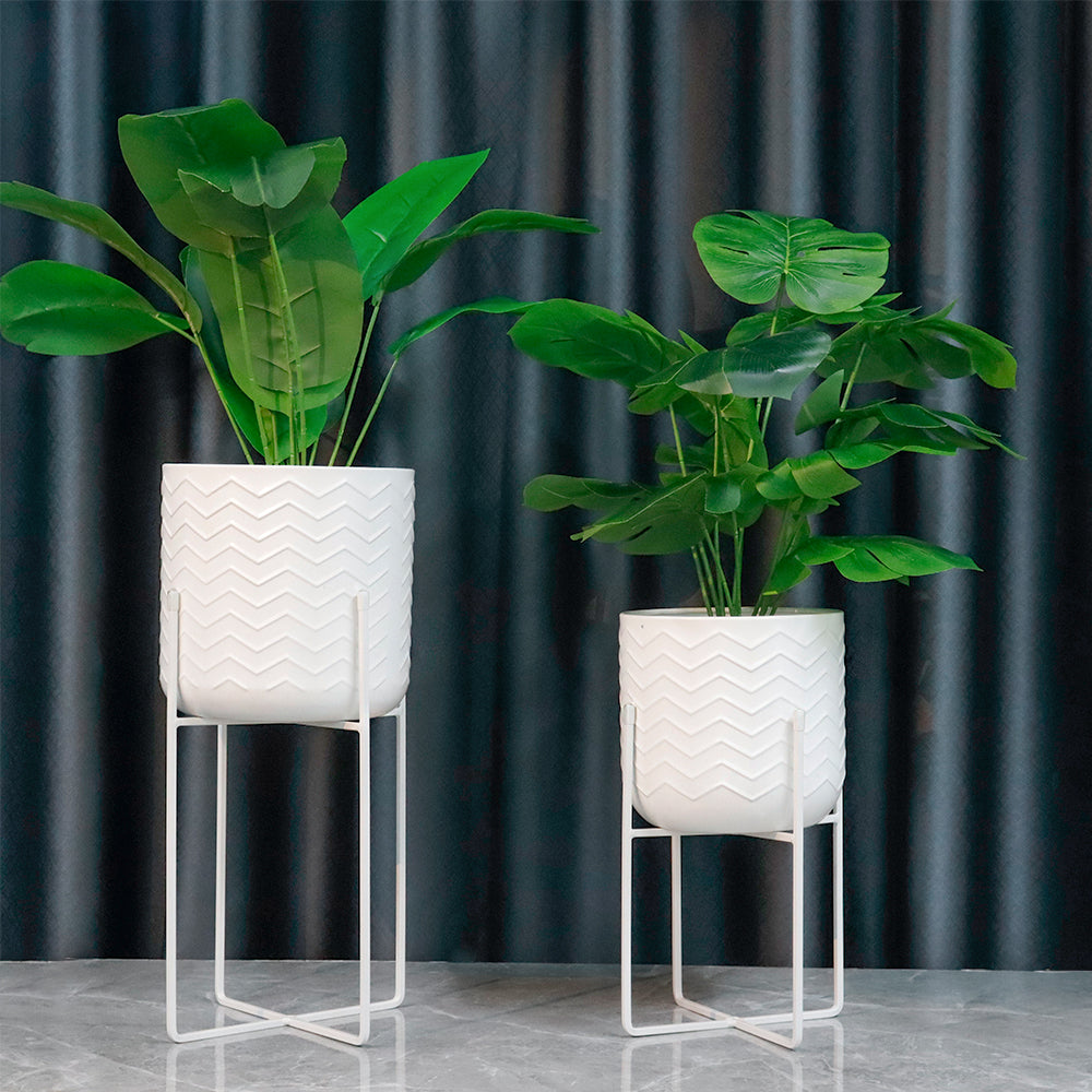 Set of 2 Planters With Stand 17&12 " Tall Flower Pots (Bright White)-2