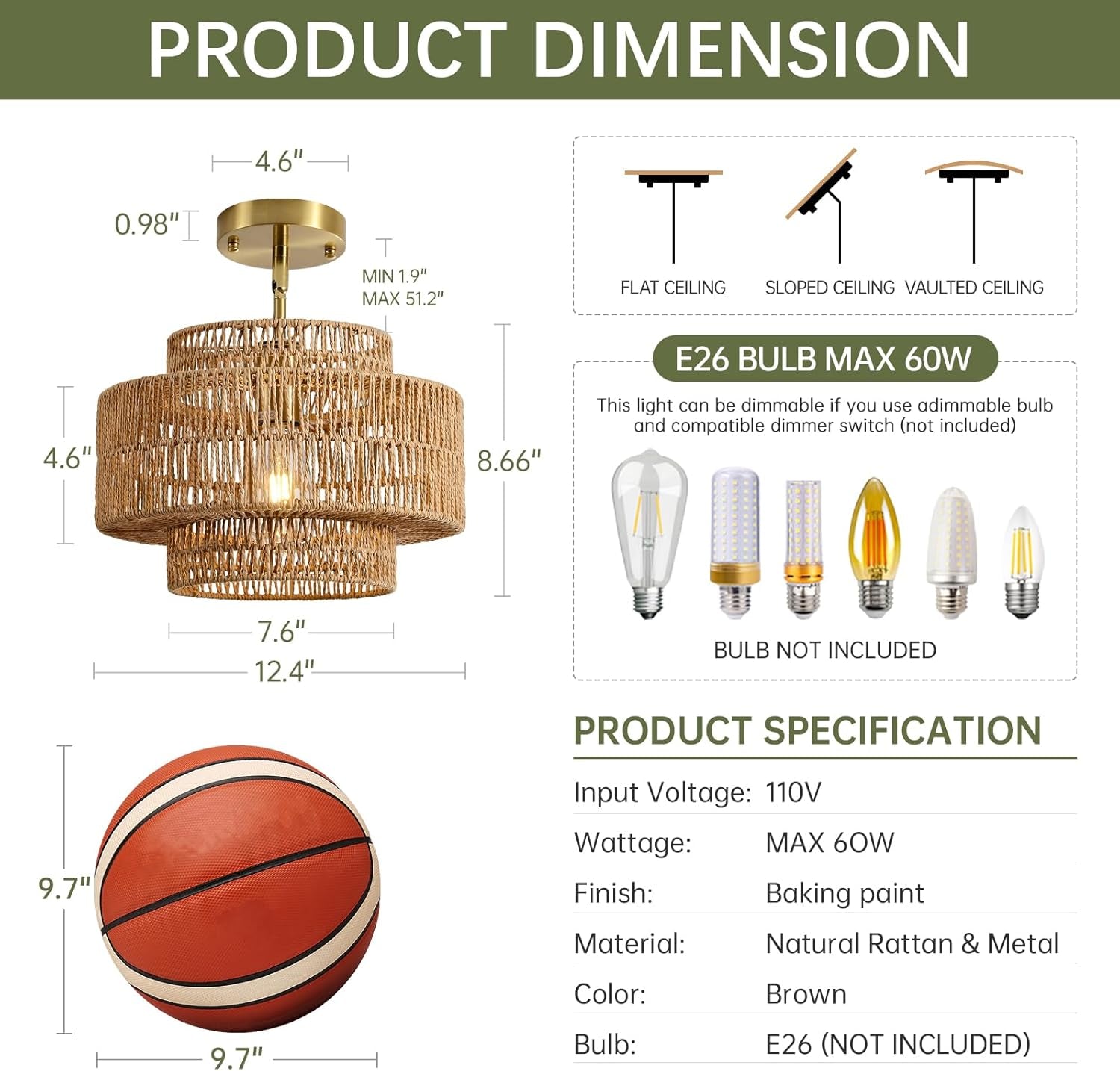 Boho Rattan Chandelier 12.4 Inch Handwoven Pendant Light-4