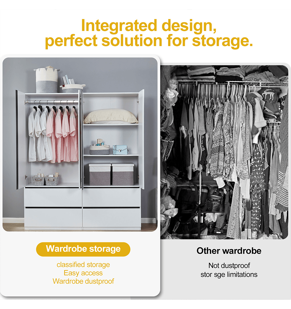 74.2" H White 4-Door Wardrobe Closet – Modern Wood Armoire with Black Accents & Hanging Rod - PRHOMZ