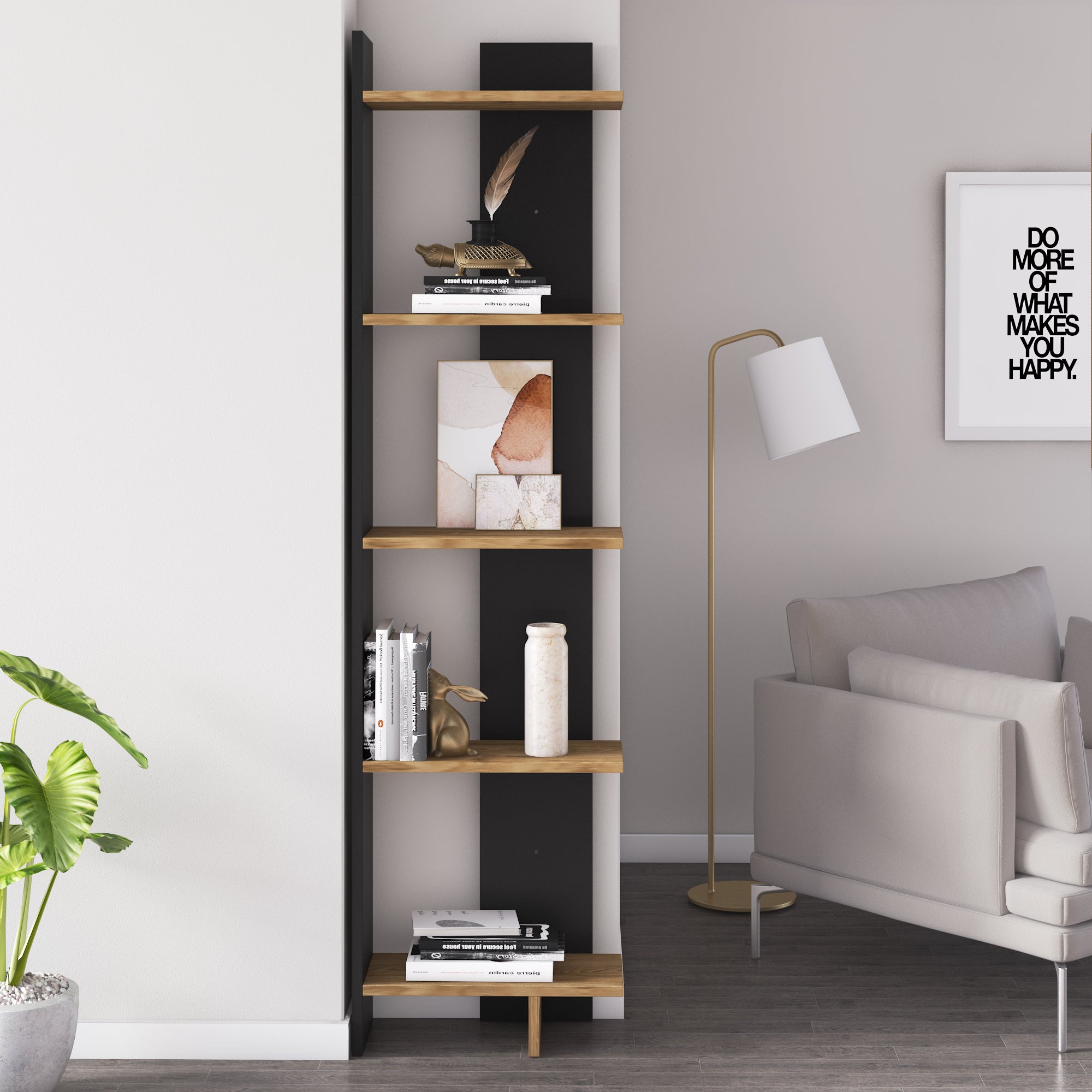 Alice 67” Corner Bookcase – 5-Tier Narrow L-Shaped Wall-Mounted Corner Bookshelf