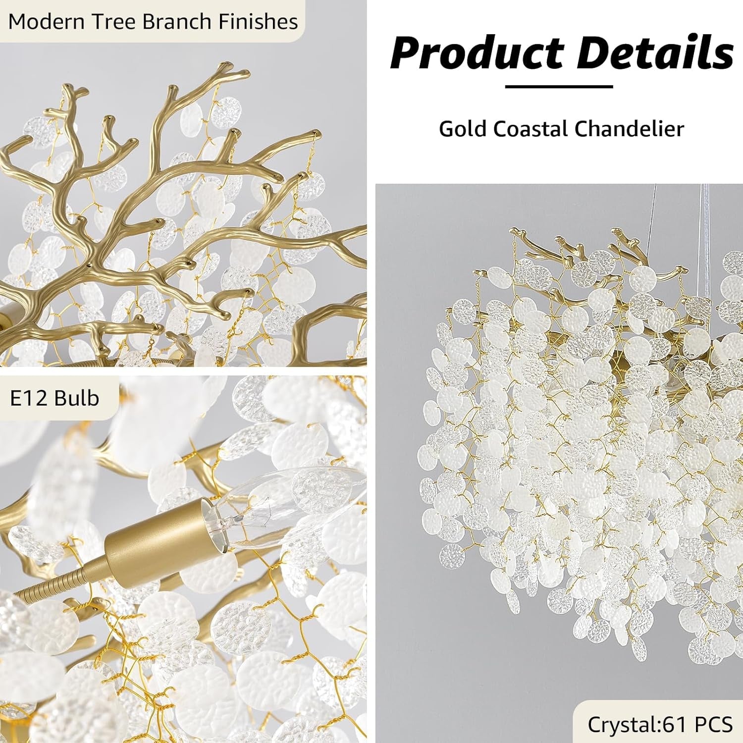 Gilded Capiz Shell Chandelier Crystalline Tree Branch-4