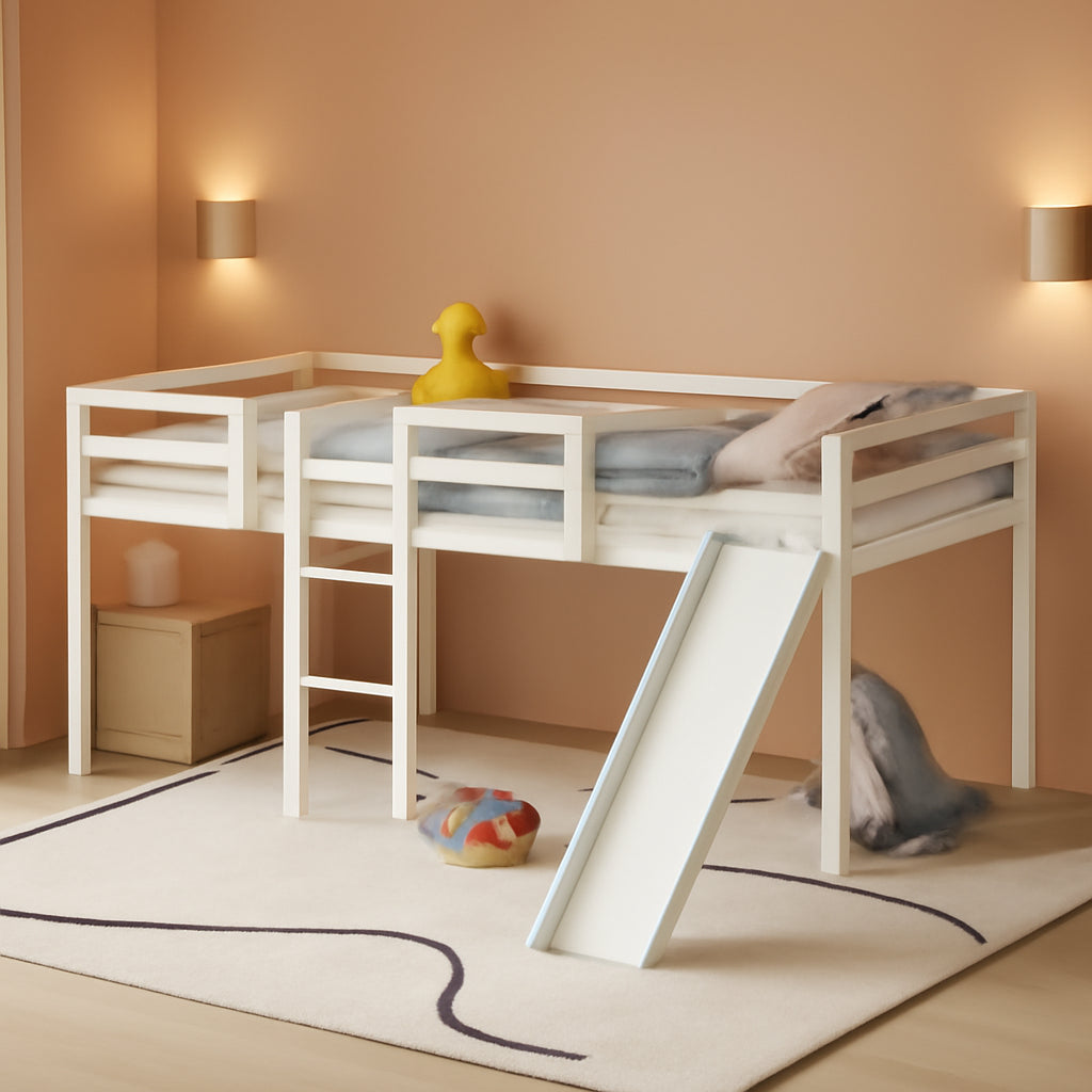 Wooden Twin Loft Bed With Slide And Ladder White For Kids Teens