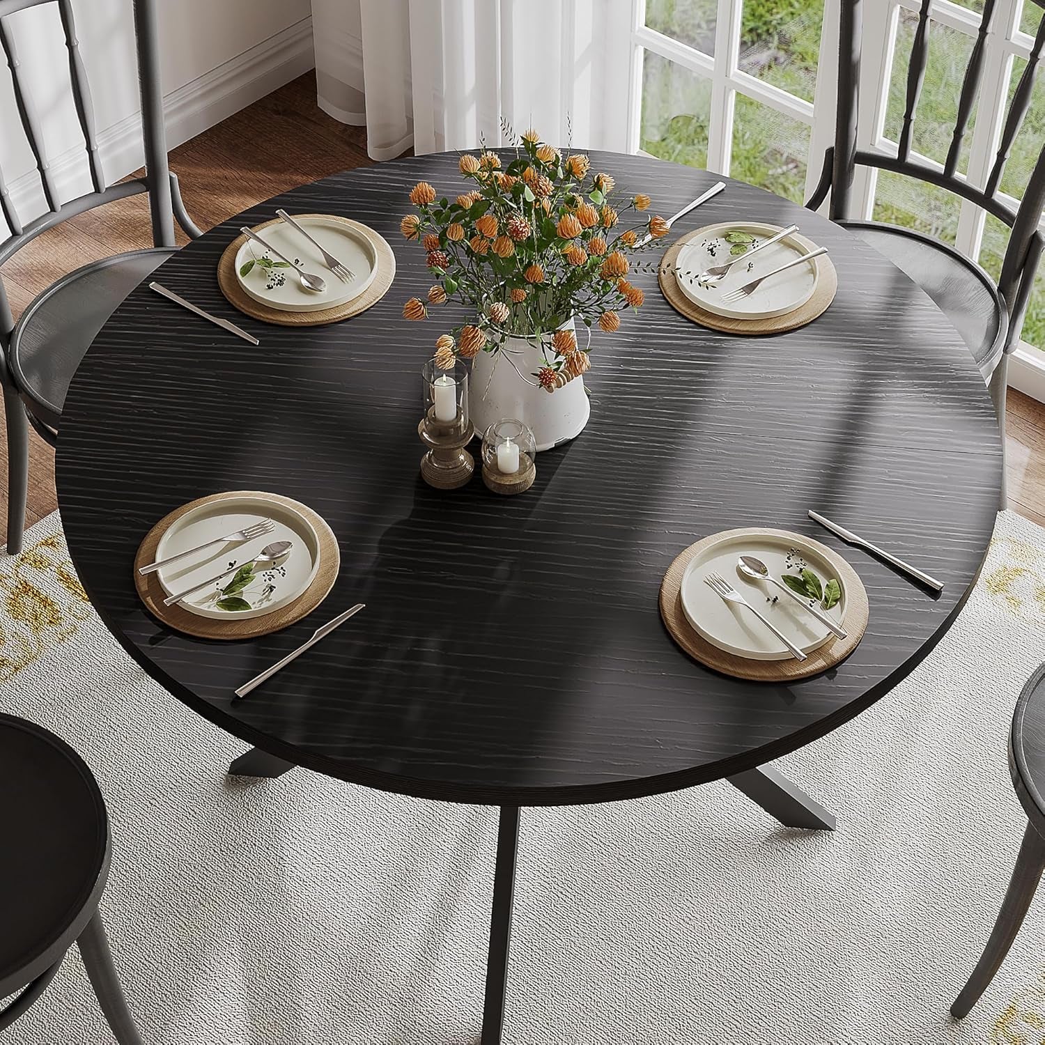47.2 Inch Circular Dining Table Matte Black Finish