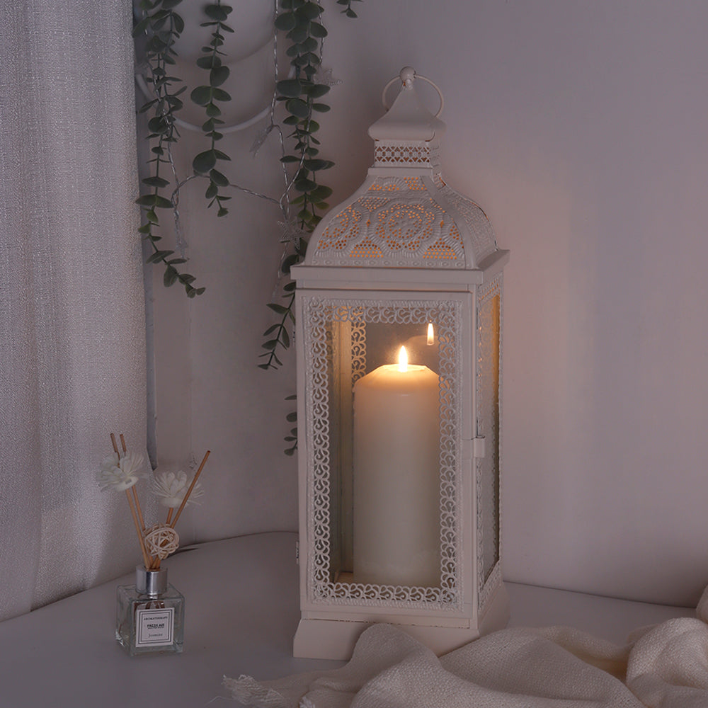 Rustic Metal Decorative Candle Lantern Hanging Candle Holder with Tempered Glass(White)-4