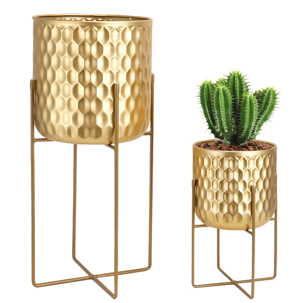 2 Set of 17&12 " Tall Planters With Stand (Gold)-1