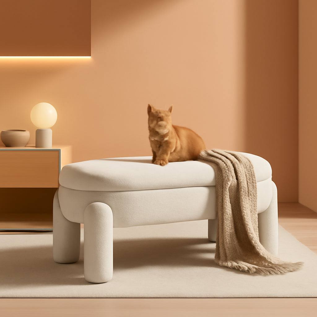 44.7-Inch White Boucle Upholstered Storage Ottoman Bench