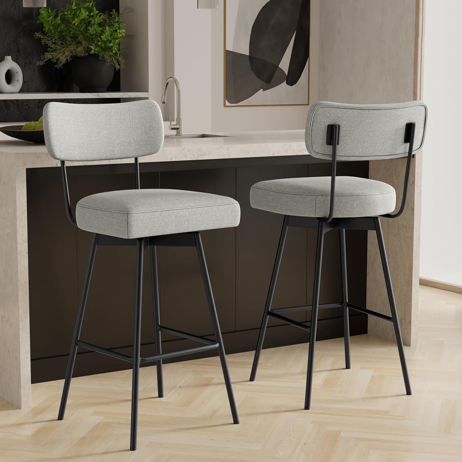 Giselle Swivel Bar Stools Set 2 29 Inch Upholstered Light Grey