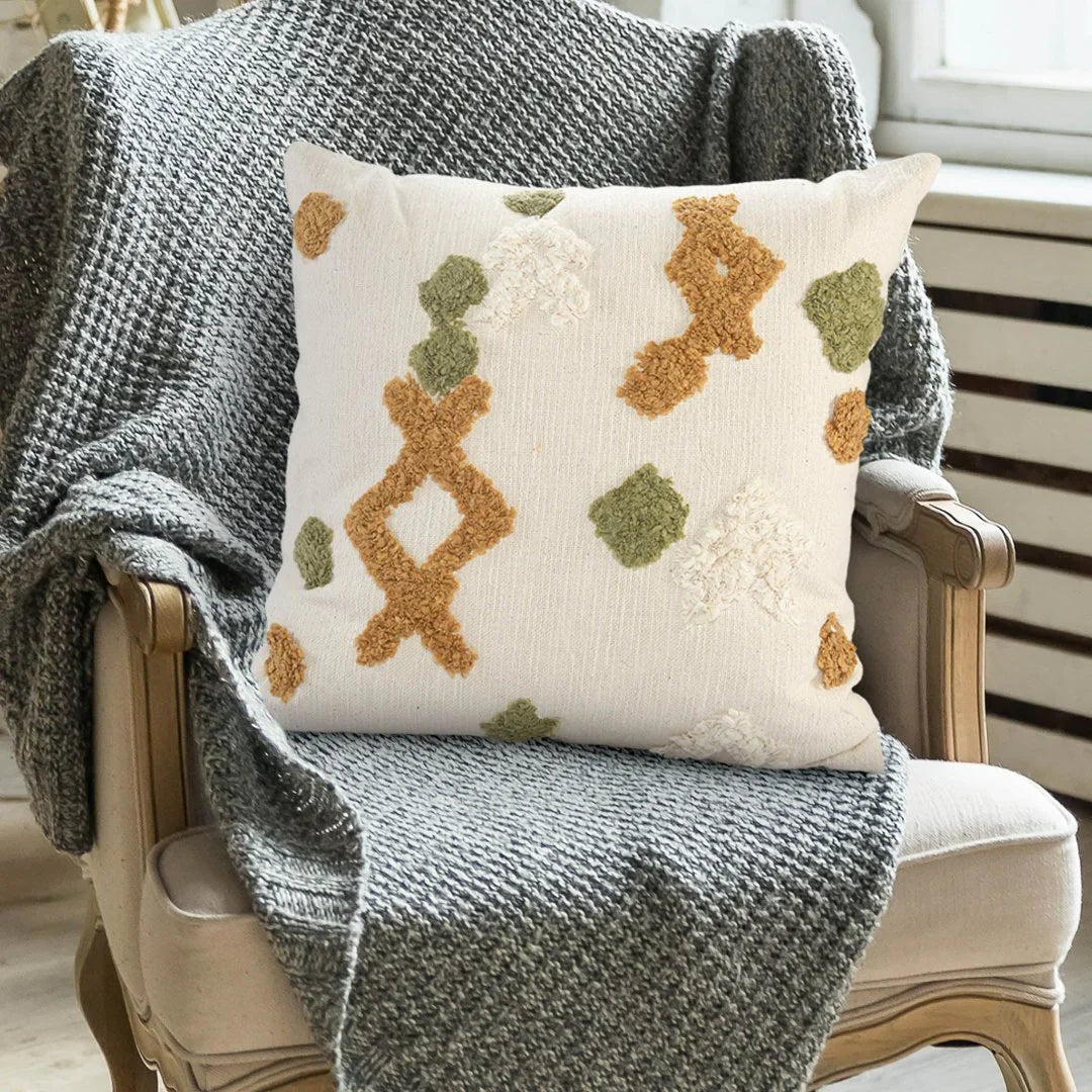 Boho Cushion Cover | 45x45cm | Tufted Organic Cotton | Mustard, Green & Cream-2