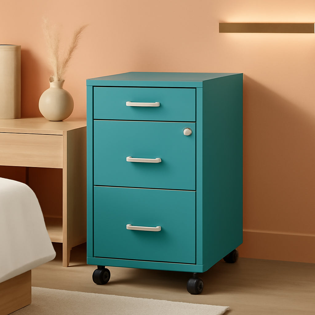 3 Drawer 29.52 Inch Turquoise Metal Filing Cabinet Lockable Preassembled for Home Office