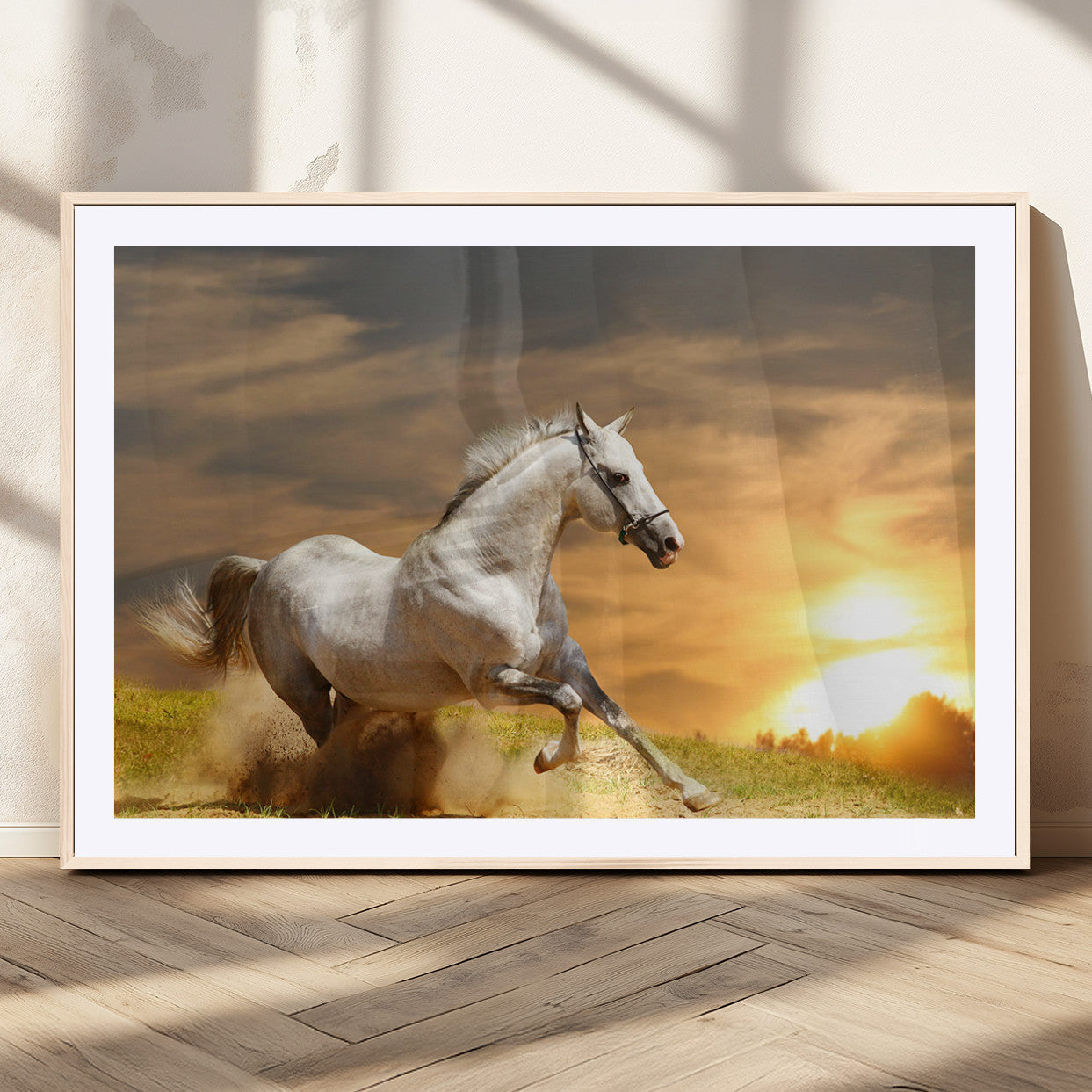 White Horse Running Canvas Sunset Wall Art