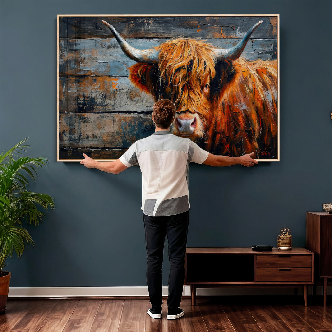 Highland Cow Wall Art Canvas Print, Abstract Rustic Farm