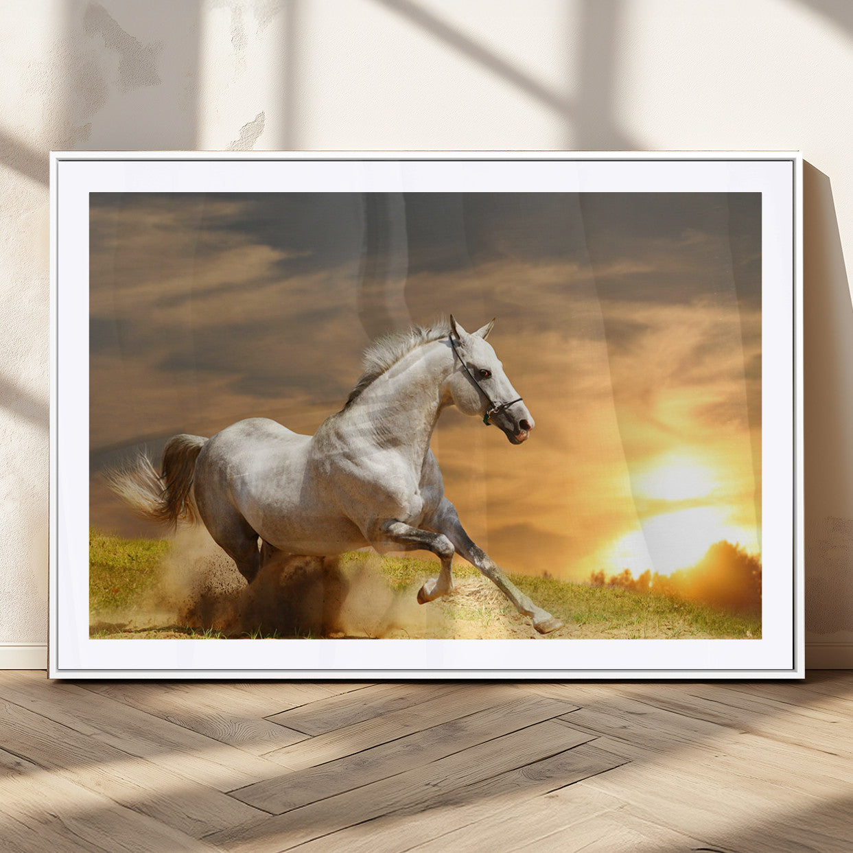 White Horse Running Canvas Sunset Wall Art