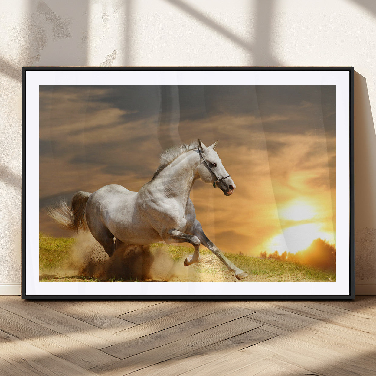 White Horse Running Canvas Sunset Wall Art